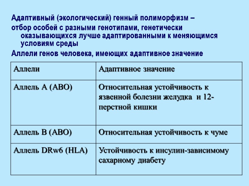 Адаптивный (экологический) генный полиморфизм – отбор особей с разными генотипами, генетически оказывающихся лучше адаптированными